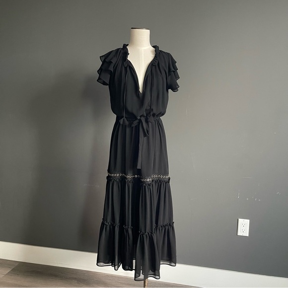 Misa Los Angeles Dresses & Skirts - MISA Los Angeles Black Silk Chiffon Tiered Midi Dress Ruffle Grommet S